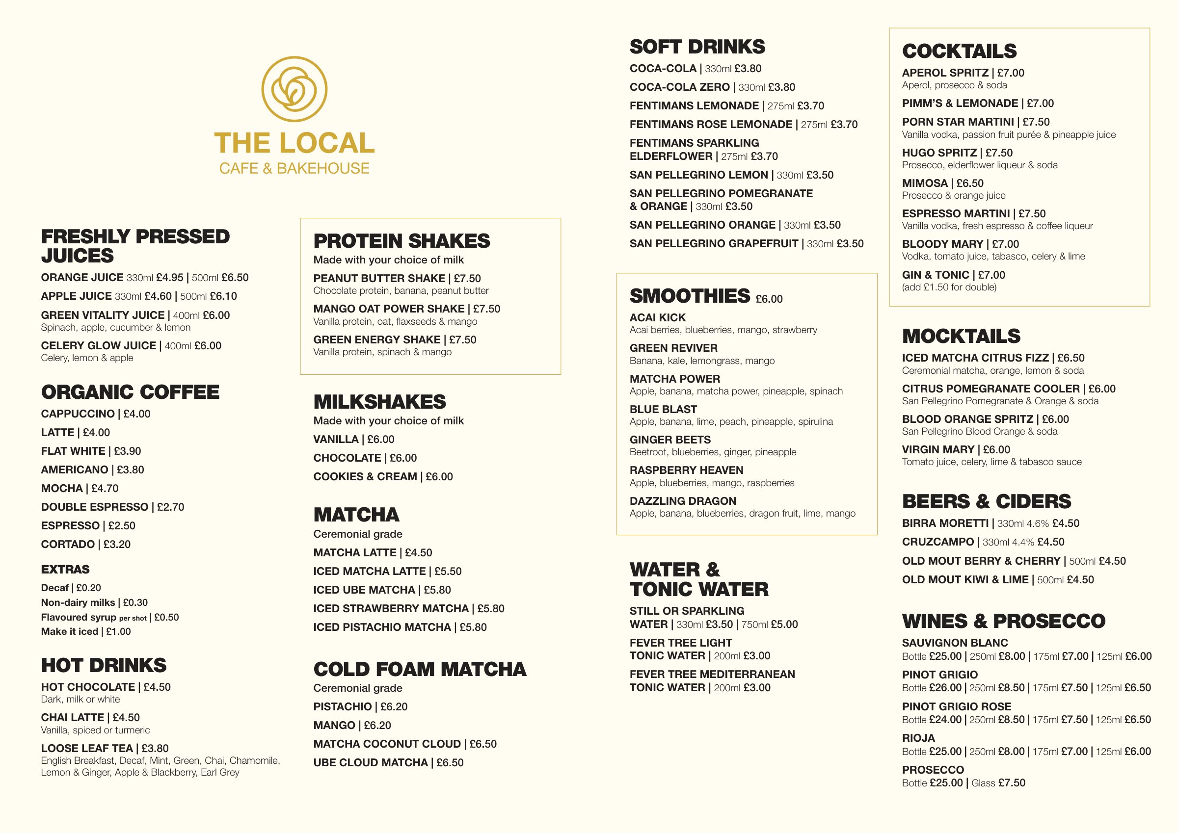 The Local Cafe & Bakehouse drinks menu